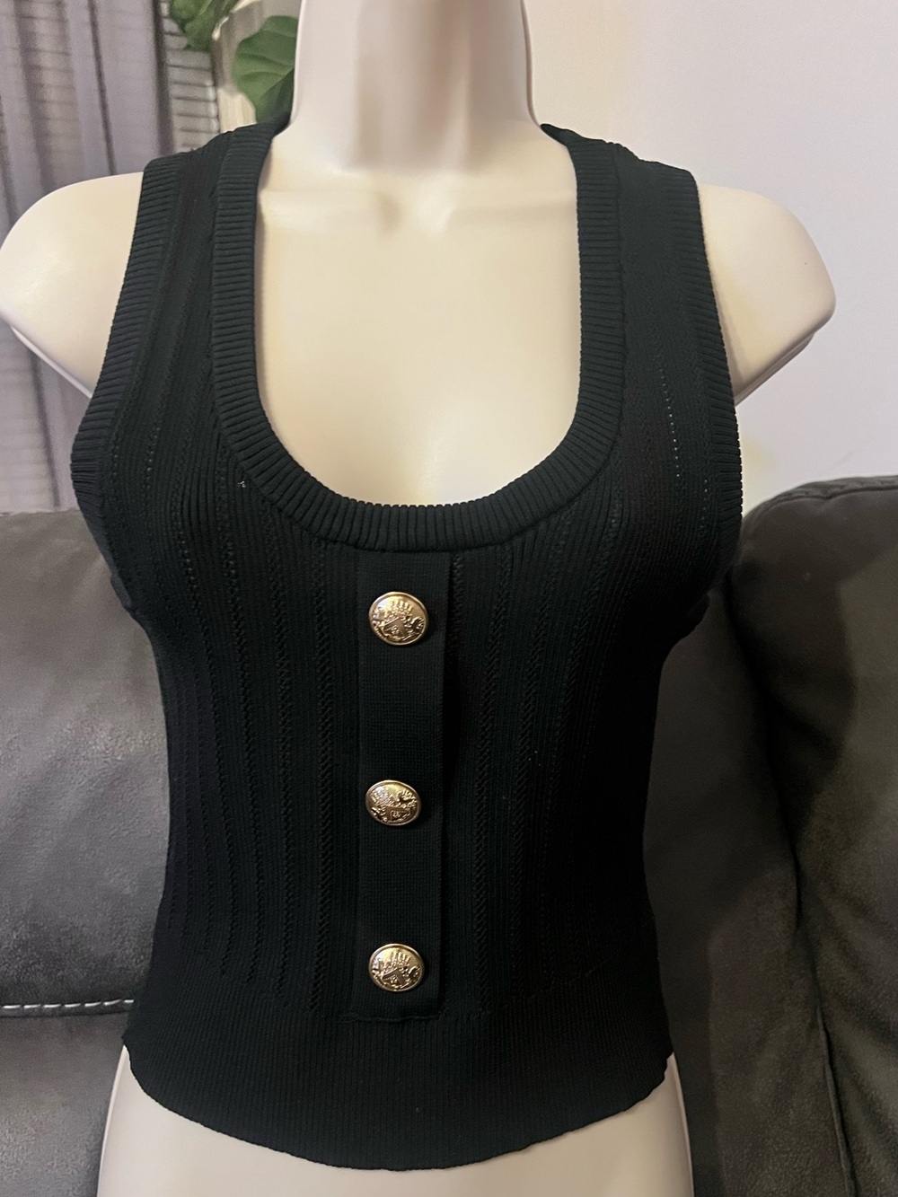 Express Black Ribbed Scoop-Neck Tank with Gold Buttons - Picture 2 of 4